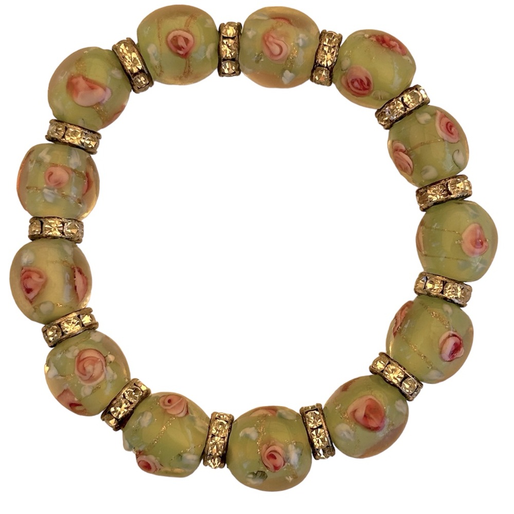 Millefiori Green Pink Glass Beading Floral Roses Rhinestones Stretch Bracelet